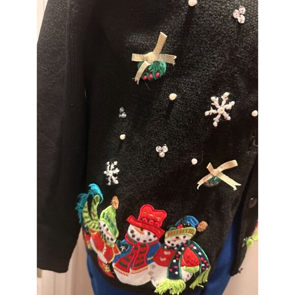 VTG Black Faux Fur Trim Button-Up Tacky Christmas Holiday Sweater with Snowman, - Picture 3 of 6